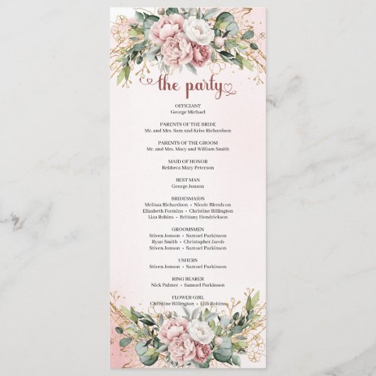 Luxus-Staubrosa-Blumen-Hochzeitsprogramm Programm (Rückseite)