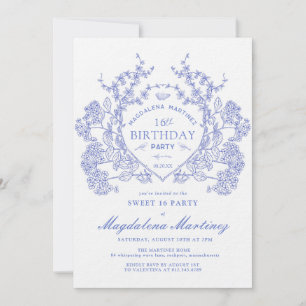 LUXUS Süße 16 Party Vintage Blaue Florale Wappen Einladung