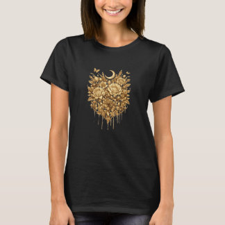 Luxus-T-Shirt mit goldenen Rosen, Herz und Mondsic T-Shirt