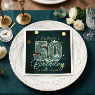 Luxus Teal Gold Mosaik 50. Geburtstagsfeier Serviette