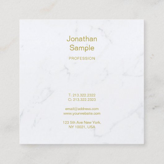 Luxus Template Modernes, weißes Marmor Gold Script Quadratische Visitenkarte (Rückseite)