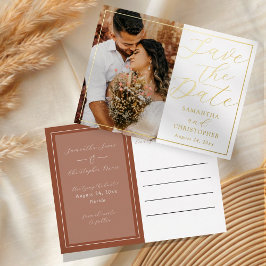 Luxus-Terrakotta- und Gold-Save-the-Date-Hochzeit Folien Feiertagspostkarte