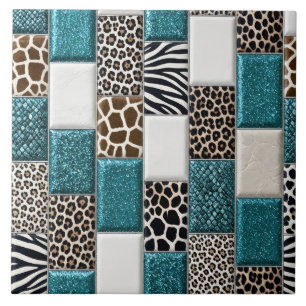 Luxus-Tierdruck in Teal mit falschem Glitter Fliese
