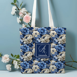 Luxus- Tragetasche mit blauen Elfenbeinblumen, per Tasche