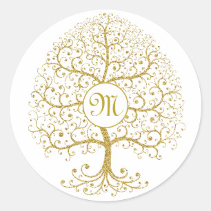 Luxus Tree of Life Gold Modernes Monogramm Runder Aufkleber