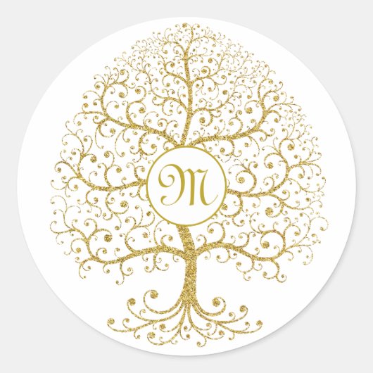 Luxus Tree of Life Gold Modernes Monogramm Runder Aufkleber (Vorderseite)