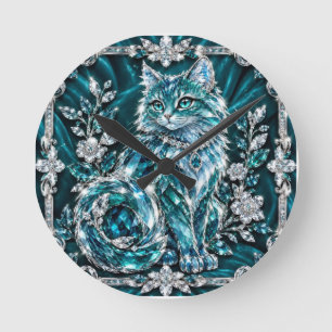 Luxus Türkis Kristall Katze Silberrahmen Runde Wanduhr