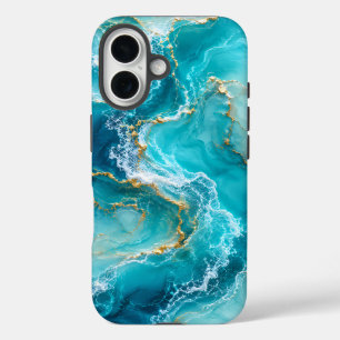 Luxus-Türkises-Ozean-Marmor mit Goldfolien-Wellen iPhone 16 Hülle