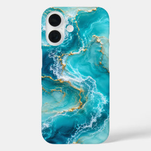 Luxus-Türkises Ozeanmarmor mit Goldfolienwellen iPhone 16 Hülle