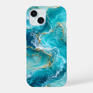 Luxus-Türkises Ozeanmarmor mit Goldfolienwellen iPhone 15 Hülle