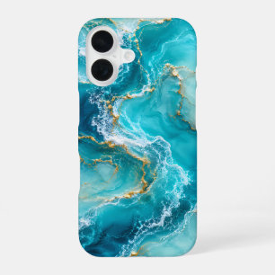 Luxus-Türkises Ozeanmarmor mit Goldfolienwellen iPhone 16 Hülle