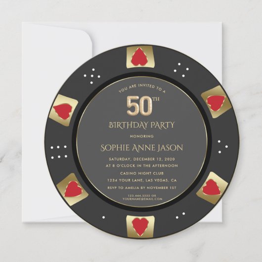Luxus Vegas Gold Poker Chip 50. Geburtstag Einladung (Vorderseite)