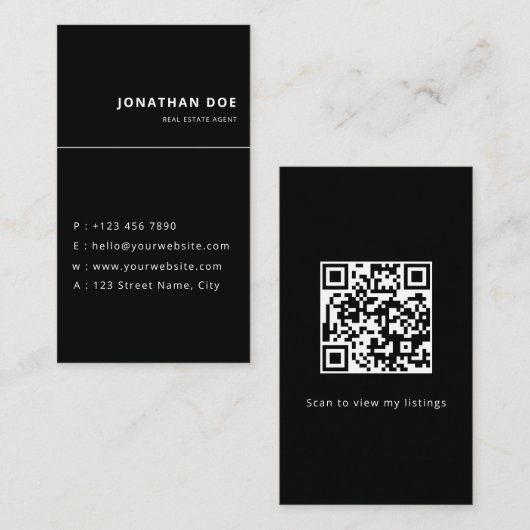 Luxus-Vertikaler-Schwarz-QR-Code-Makler Visitenkarte (Vorne/Hinten)