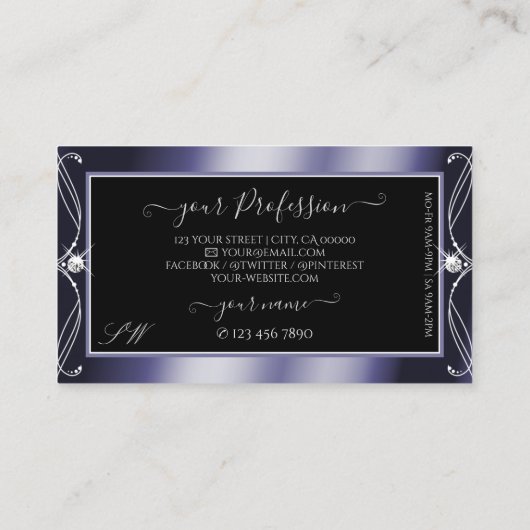 Luxus Verziert Black Blue Sparkle Diamonds Monogra Visitenkarte (Rückseite)