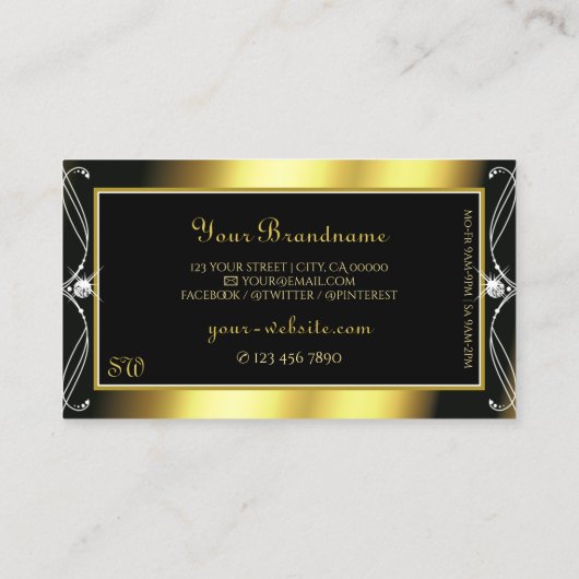 Luxus Verziert Black Gold Sparkle Jewels Monogram Visitenkarte (Rückseite)