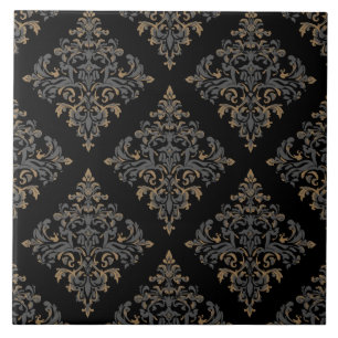 Luxus-Vintage-Damask-Royal-Schwarz-Blumen-Gold Fliese