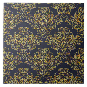 Luxus, vintage, elegant, marineblau, gold, floral fliese