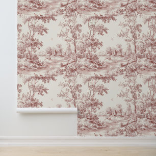 Luxus-Vintage-Rosa-Elfenbein-Toile Jouy-Französisc Tapete