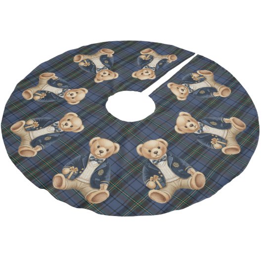 Luxus-Vornehme-Karo-Teddybär Polyester Weihnachtsbaumdecke (Schrägansicht)