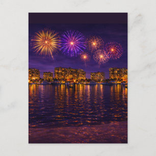Luxus-Wasserfront-Feuerwerksnacht-Leinwand-Kunstwe Postkarte