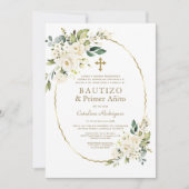 Luxus Weiße Blume Spanisch 1. Geburtstag Taufe Einladung (Vorderseite)