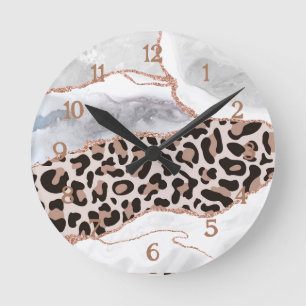 Luxus Weiße Roségold Glitter Achat Leopardenprint Runde Wanduhr