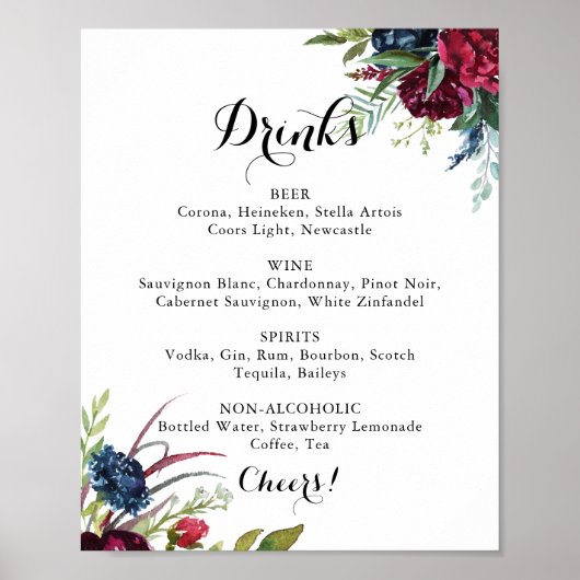 Luxus Whimsical Boho Floral Wedding Drinks Menü Poster (Vorne)
