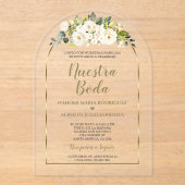 Luxus White Blume Gold Spanische Nuestra Boda Acryleinladungen (Vorderseite)