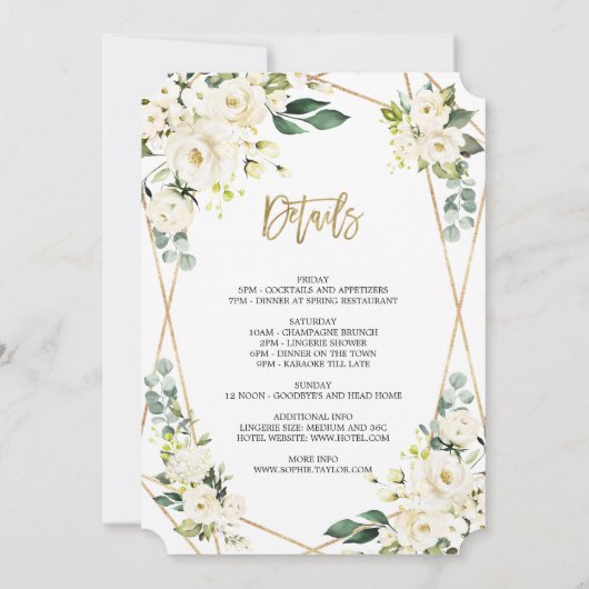 Luxus White Floral Gold Bachelorette Wochenende Einladung (Rückseite)