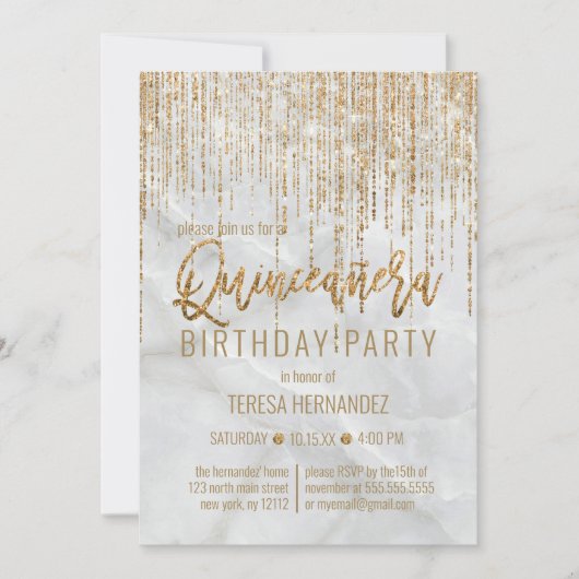Luxus White Gold Glitzer Pearl Marble Quinceañera Einladung (Vorderseite)
