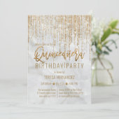 Luxus White Gold Glitzer Pearl Marble Quinceañera Einladung (Stehend Vorderseite)