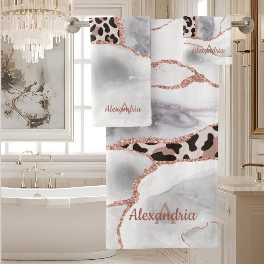Luxus White Rose Gold Agate Leopard Print Badhandtuch Set