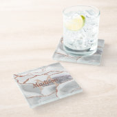 Luxus White Rose Gold Agate Monogram Glitzer Glasuntersetzer (Schrägansicht)