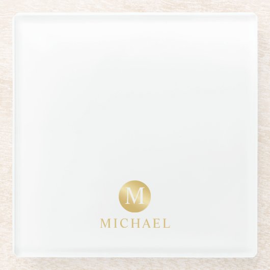 Luxus White und Gold Personalisiert Monogram Glasuntersetzer (Vorderseite)
