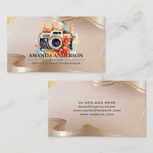 Luxusbeige und Goldribbons | Blume Visitenkarte (Vorne/Hinten)