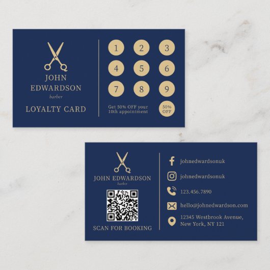 Luxusblaue Gold-Barbier-Schere Logo QR-Code Treuekarte (Vorne/Hinten)