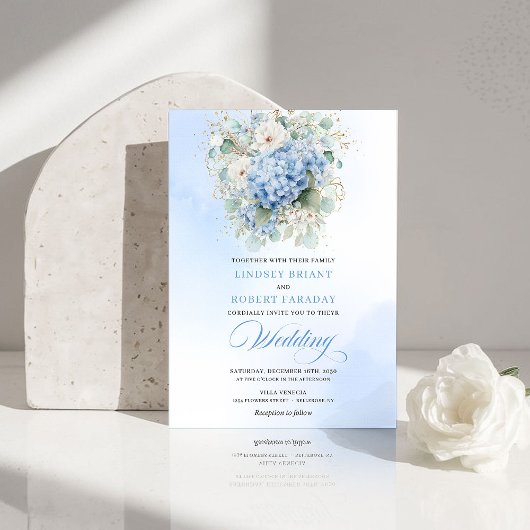 Luxusblaue Hortensien-Blumen-Goldene Hochzeitseinl Einladung