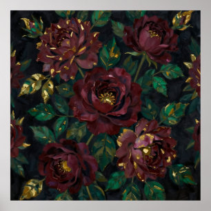 Luxusbordüre-Rosen Goldblatt-Blumen Poster
