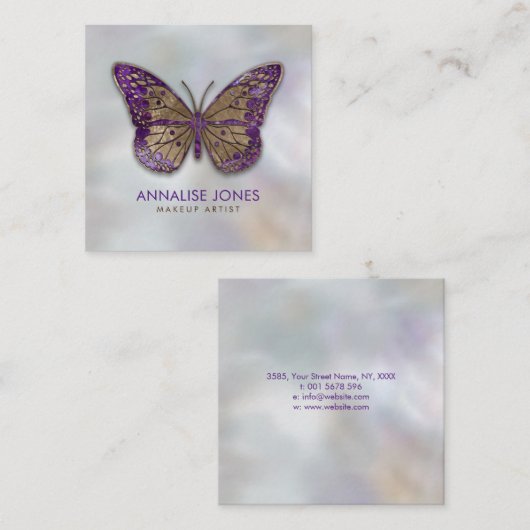 Luxusgold und Amethyst Schmetterling auf Perle Quadratische Visitenkarte (Vorne/Hinten)