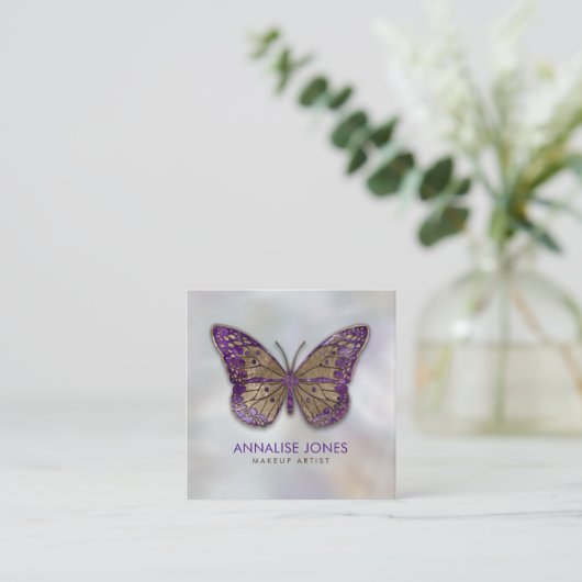 Luxusgold und Amethyst Schmetterling auf Perle Quadratische Visitenkarte (Stehend Vorderseite)
