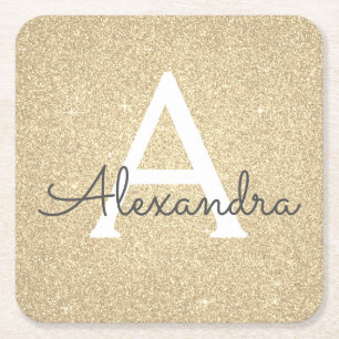 LuxusgoldGlitzer u. Schein-Monogramm-Geburtstag Rechteckiger Pappuntersetzer