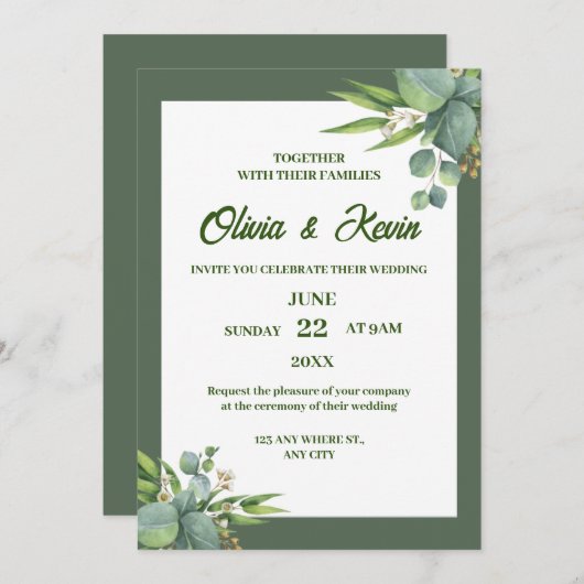 Luxushochzeit in Grün Einladung (Vorne/Hinten)