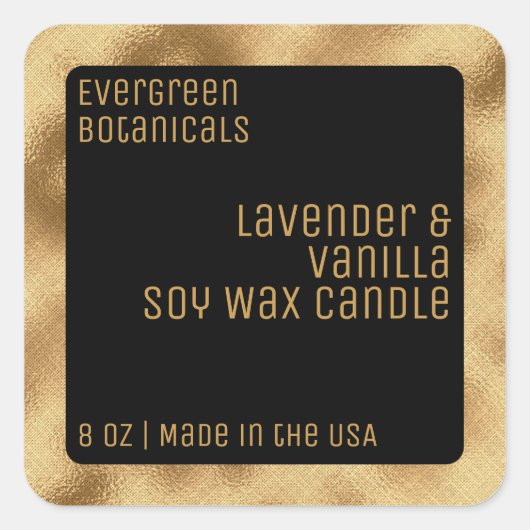 Luxuskerzenlabel Schwarz und Gold Quadratischer Aufkleber (Vorderseite)