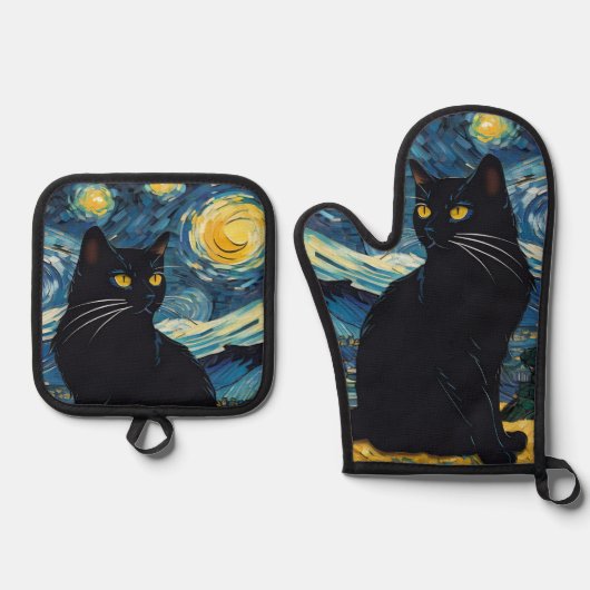 Luxusküche: Black Cat Starry Night Van Gogh Ofenhandschuh & Topflappen-Set (Vorderseite)