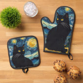 Luxusküche: Black Cat Starry Night Van Gogh Ofenhandschuh & Topflappen-Set (Oben Unten)