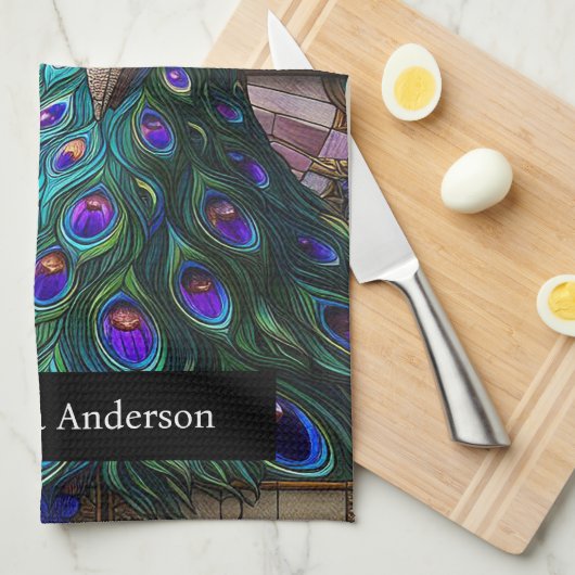 Luxusküche: Glass Peacock Individuelle Name Geschirrtuch (Viertel Falte)