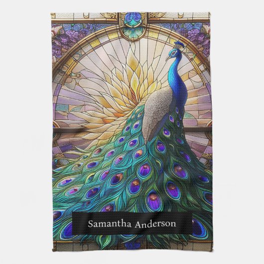 Luxusküche: Glass Peacock Individuelle Name Geschirrtuch (Vertikal)