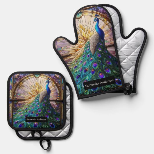 Luxusküche: Glass Peacock Ofenhandschuh & Topflappen-Set (Vorderseite/Rückseite)