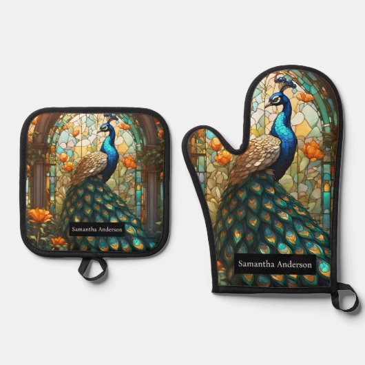 Luxusküche: Glass Peacock Ofenhandschuh & Topflappen-Set (Vorderseite)