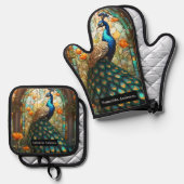 Luxusküche: Glass Peacock Ofenhandschuh & Topflappen-Set (Vorderseite/Rückseite)